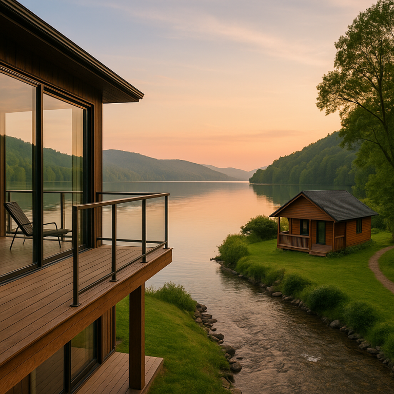Modern lakeside cabin with glass balcony overlooking serene river and forested hills at sunset, offering scenic water views.